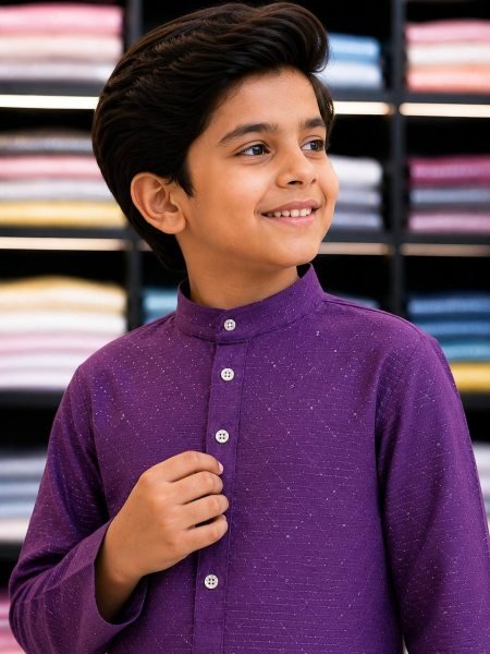 Designer Purple Kids Boys Silk Kurta with Full Stitched Cotton Pyjama at Manufacturer Rate Boys Wear