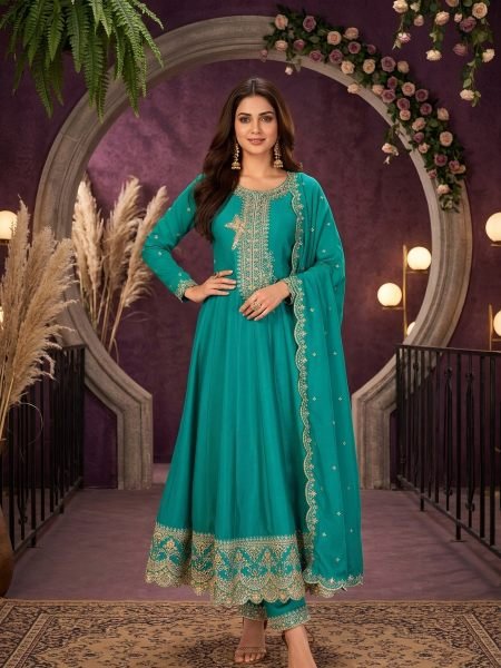 Designer Rama Premium Silk Embroidered Anarkali Suit with Matching Palazzo and Dupatta Salwar Kameez