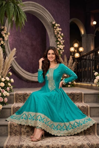 Designer Rama Premium Silk Embroidered Anarkali Suit with Matching Palazzo and Dupatta Anarakali Gown Wholesale