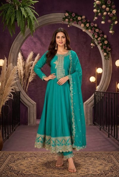 Designer Rama Premium Silk Embroidered Anarkali Suit with Matching Palazzo and Dupatta Anarakali Gown Wholesale