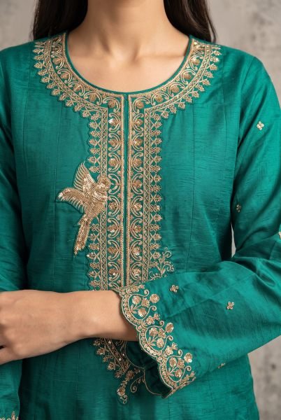 Designer Rama Premium Silk Embroidered Anarkali Suit with Matching Palazzo and Dupatta Anarakali Gown Wholesale