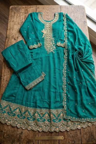Designer Rama Premium Silk Embroidered Anarkali Suit with Matching Palazzo and Dupatta Anarakali Gown Wholesale