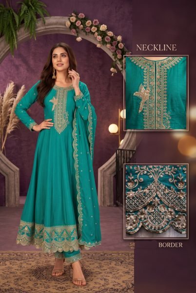 Designer Rama Premium Silk Embroidered Anarkali Suit with Matching Palazzo and Dupatta Anarakali Gown Wholesale
