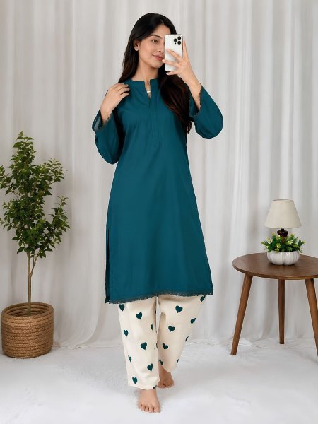 Designer Rama Rayon Cotton Kurti with Embroidered Palazzo for Women Kurtis