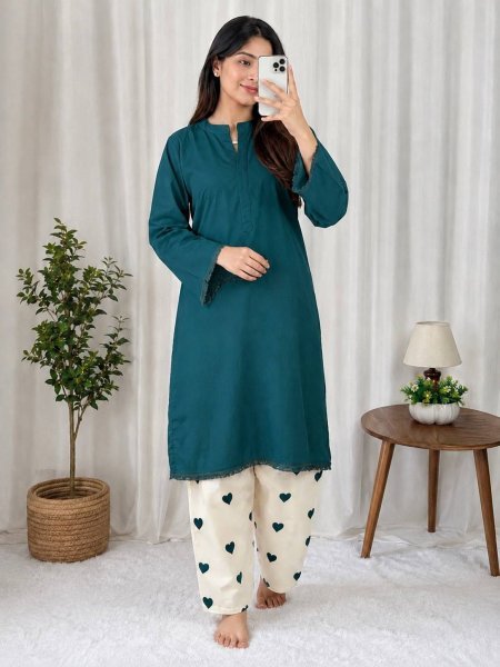 Designer Rama Rayon Cotton Kurti with Embroidered Palazzo for Women CO ORD Sets