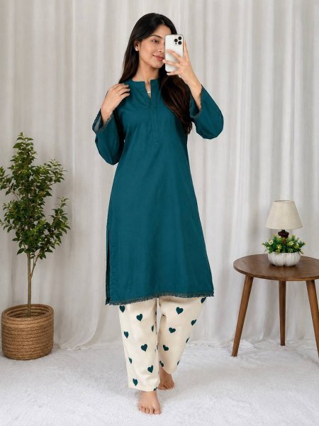 Designer Rama Rayon Cotton Kurti with Embroidered Palazzo for Women CO ORD Sets
