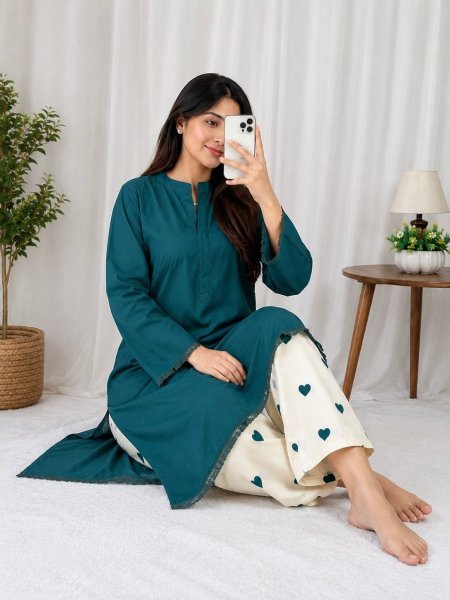 Designer Rama Rayon Cotton Kurti with Embroidered Palazzo for Women CO ORD Sets