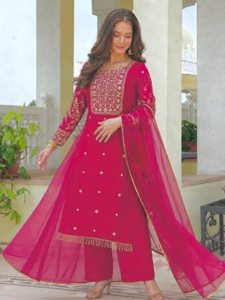 Designer Rani Pink Roman Shimar Ethnic Suit with Soft Twill Net Dupatta At Direct Mill Price Ready To Wear Suit