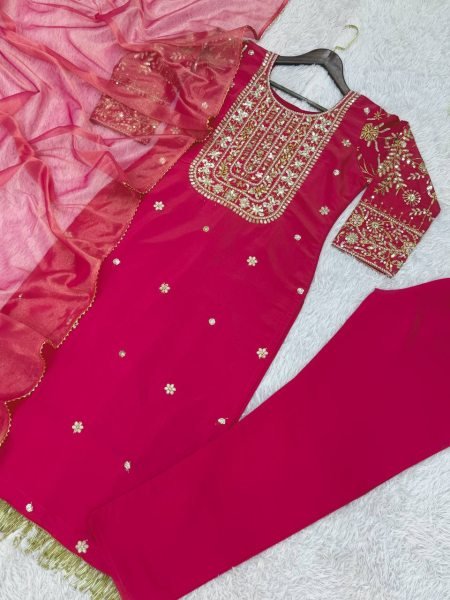 Designer Rani Pink Roman Shimar Ethnic Suit with Soft Twill Net Dupatta At Direct Mill Price Ready To Wear Collection