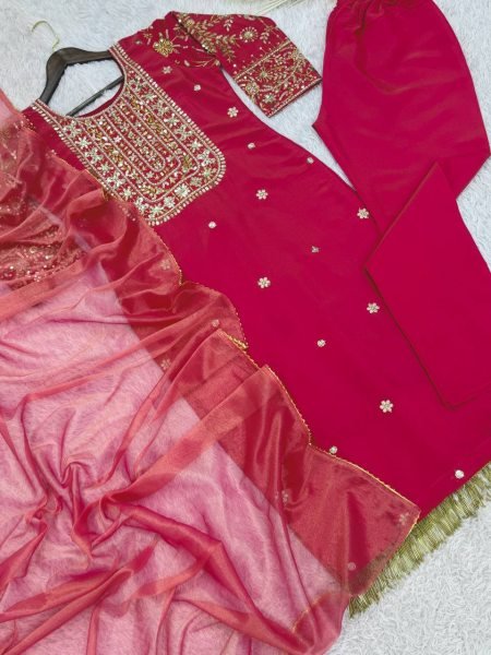 Designer Rani Pink Roman Shimar Ethnic Suit with Soft Twill Net Dupatta At Direct Mill Price Ready To Wear Collection