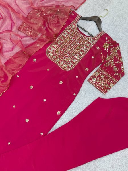 Designer Rani Pink Roman Shimar Ethnic Suit with Soft Twill Net Dupatta At Direct Mill Price Ready To Wear Collection