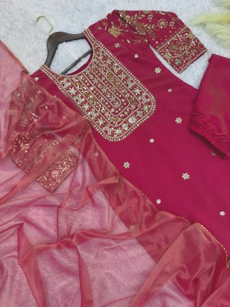 Designer Rani Pink Roman Shimar Ethnic Suit with Soft Twill Net Dupatta At Direct Mill Price Ready To Wear Collection