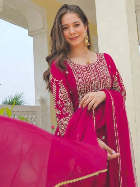 Designer Rani Pink Roman Shimar Ethnic Suit with Soft Twill Net Dupatta At Direct Mill Price Ready To Wear Collection