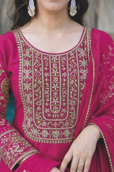 Designer Rani Pink Roman Shimar Ethnic Suit with Soft Twill Net Dupatta At Direct Mill Price Ready To Wear Collection