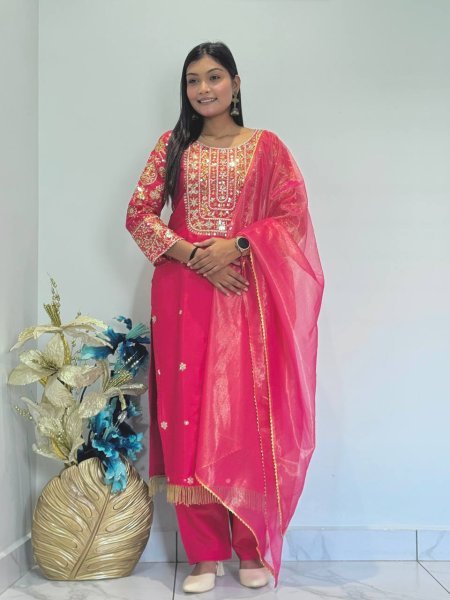 Designer Rani Pink Roman Shimar Ethnic Suit with Soft Twill Net Dupatta At Direct Mill Price Ready To Wear Collection