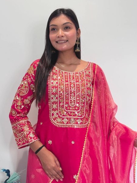 Designer Rani Pink Roman Shimar Ethnic Suit with Soft Twill Net Dupatta At Direct Mill Price Ready To Wear Collection