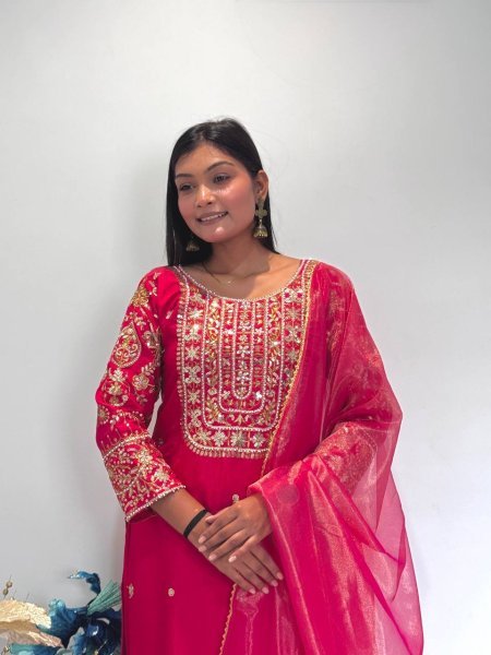 Designer Rani Pink Roman Shimar Ethnic Suit with Soft Twill Net Dupatta At Direct Mill Price Ready To Wear Collection
