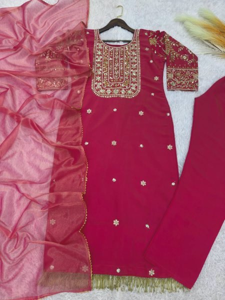 Designer Rani Pink Roman Shimar Ethnic Suit with Soft Twill Net Dupatta At Direct Mill Price Ready To Wear Collection