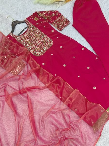 Designer Rani Pink Roman Shimar Ethnic Suit with Soft Twill Net Dupatta At Direct Mill Price Ready To Wear Collection