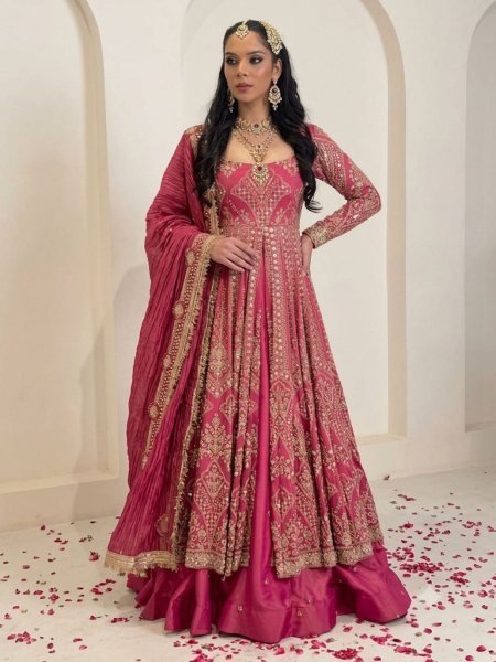 Designer Rani Pink Simmer Silk Lehenga Suit with Heavy Embroidery Sleeves At High Quality  