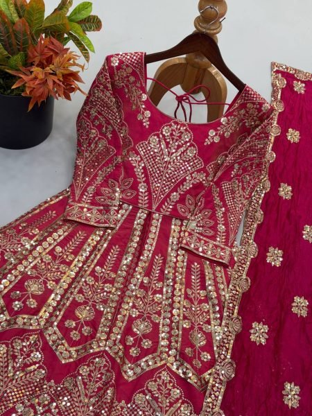 Designer Rani Pink Simmer Silk Lehenga Suit with Heavy Embroidery Sleeves At High Quality  Ready To Wear Collection