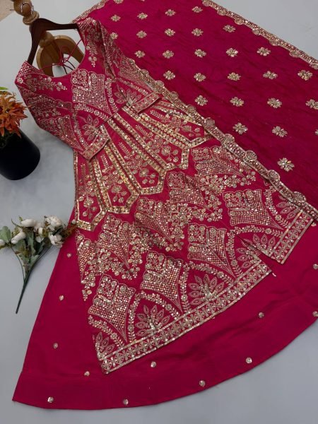 Designer Rani Pink Simmer Silk Lehenga Suit with Heavy Embroidery Sleeves At High Quality  Ready To Wear Collection