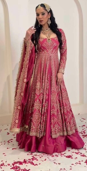 Designer Rani Pink Simmer Silk Lehenga Suit with Heavy Embroidery Sleeves At High Quality  Ready To Wear Collection