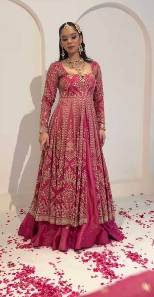 Designer Rani Pink Simmer Silk Lehenga Suit with Heavy Embroidery Sleeves At High Quality  Ready To Wear Collection