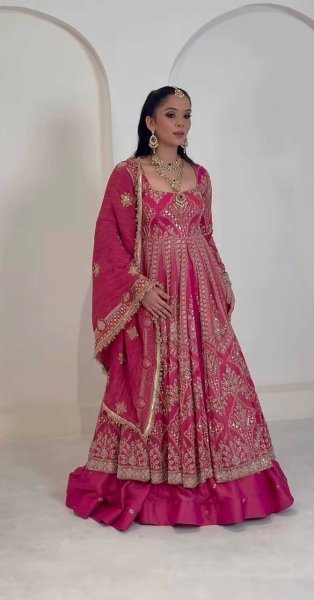 Designer Rani Pink Simmer Silk Lehenga Suit with Heavy Embroidery Sleeves At High Quality  Ready To Wear Collection
