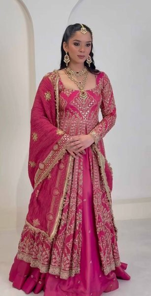 Designer Rani Pink Simmer Silk Lehenga Suit with Heavy Embroidery Sleeves At High Quality  Ready To Wear Collection