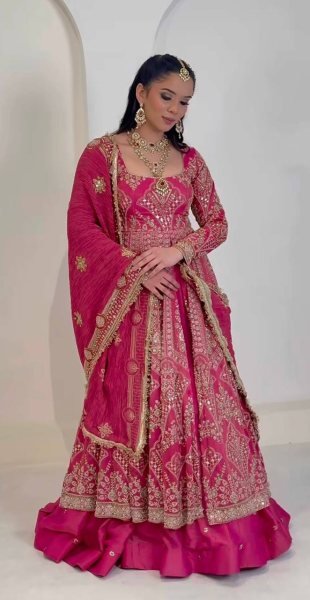 Designer Rani Pink Simmer Silk Lehenga Suit with Heavy Embroidery Sleeves At High Quality  Ready To Wear Collection