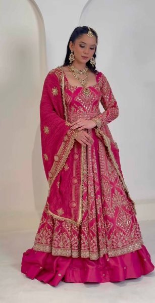 Designer Rani Pink Simmer Silk Lehenga Suit with Heavy Embroidery Sleeves At High Quality  Ready To Wear Collection