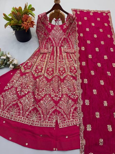 Designer Rani Pink Simmer Silk Lehenga Suit with Heavy Embroidery Sleeves At High Quality  Ready To Wear Collection