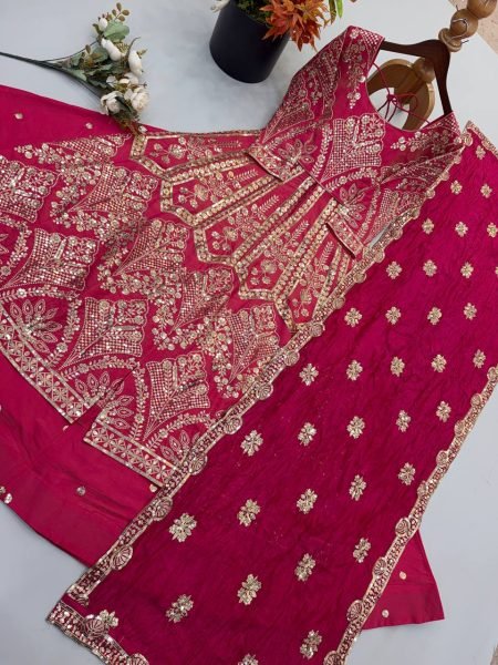 Designer Rani Pink Simmer Silk Lehenga Suit with Heavy Embroidery Sleeves At High Quality  Ready To Wear Collection