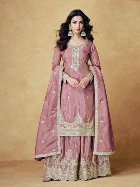 Designer Ready to Wear Chinon Silk Sharara Suit  Heavy Embroidery   Sequin Work Wholesale 3 Piece Set for Resellers  Ready To Wear Suit