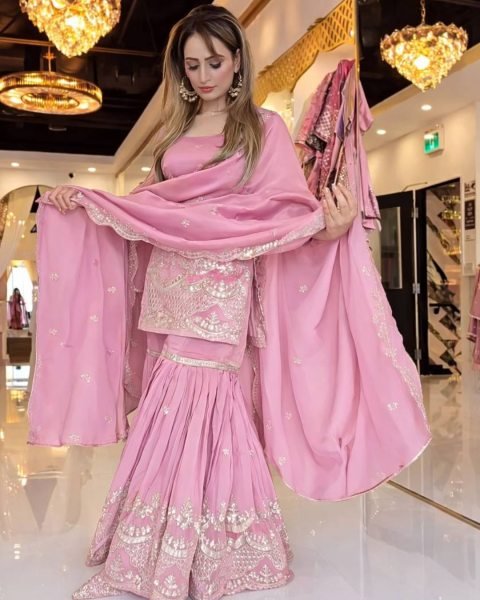 Designer ready To Wear Neutral Silk Heavy Embroidery Top Sharara Set with Latkan Dori for Festive Wear Ready To Wear Suit