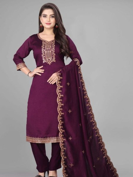 Designer Ready to Wear Rayon Slub Embroidered Kurta Pant Dupatta Set for Women Office Wear Kurtis