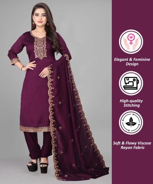 Designer Ready to Wear Rayon Slub Embroidered Kurta Pant Dupatta Set for Women Office Wear Embroidery Kurtis 