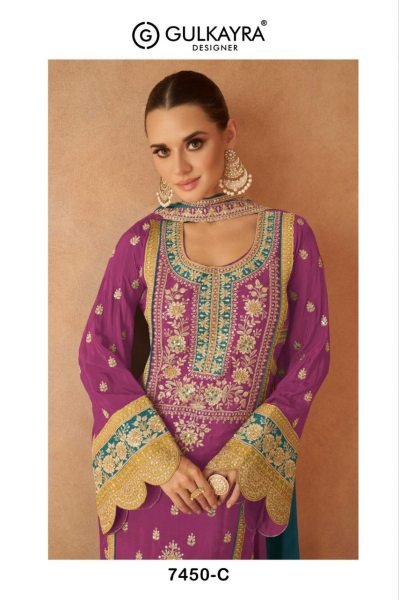 Real Chinon Fabric Embroidery Embellishment Festive Wear Plazoo Suit Set Pakistani Suits Wholesale