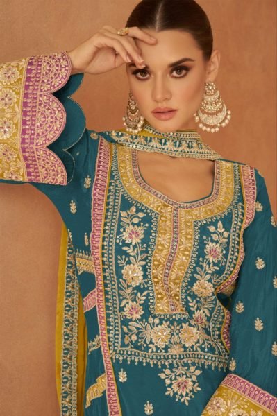 Real Chinon Fabric Embroidery Embellishment Festive Wear Plazoo Suit Set Pakistani Suits Wholesale