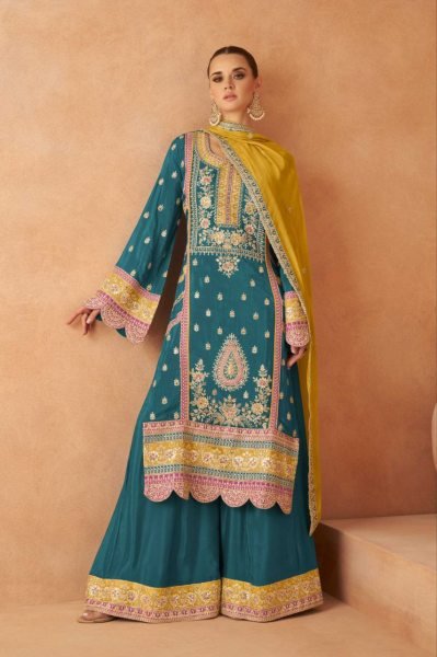 Real Chinon Fabric Embroidery Embellishment Festive Wear Plazoo Suit Set Pakistani Suits Wholesale