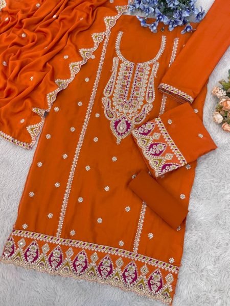 Designer Real Chinon Embroidered Party And Wedding Wear Suit Set with Dupatta At Lowest Price Pakistani Suits Wholesale