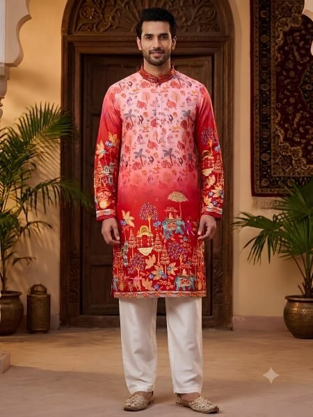 Designer Red Designer Heavy Cotton Men's Kurta with Raymond Cotton Pyjama for Bulk Order 