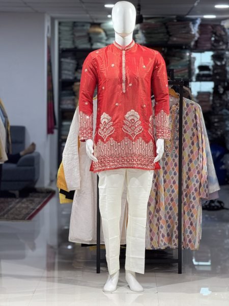 Designer Red Men's Ethnic Kurta with Premium Pearl and Glass Pipe Work Kurta Pajama Wholesale