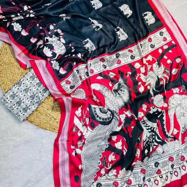 designer red satin saree with cow and lotus print premium silk look Printed Cotton Sarees Wholesale