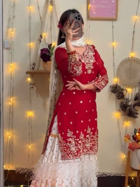 Designer Red Sharara Set with White Palazzo and Net Dupatta for Festive Wear Ready To Wear Collection