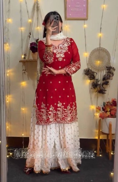 Designer Red Sharara Set with White Palazzo and Net Dupatta for Festive Wear Ready To Wear Collection
