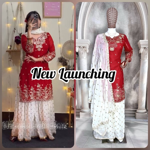 Designer Red Sharara Set with White Palazzo and Net Dupatta for Festive Wear Ready To Wear Collection