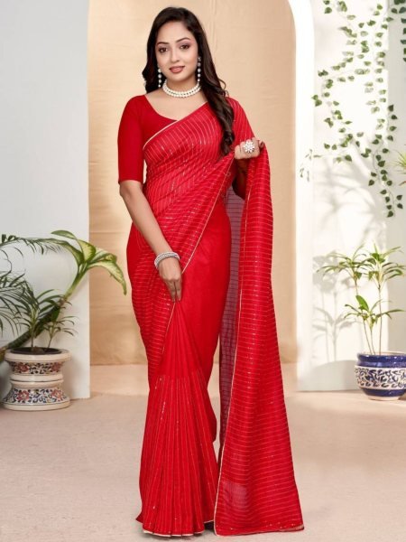 Designer Red Vichitra Silk Saree with Sequins Embroidery for Wedding Wear Embroidery Sarees Wholesale