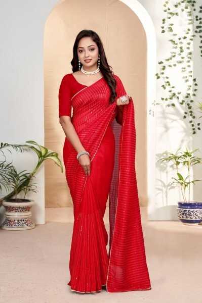 Designer Red Vichitra Silk Saree with Sequins Embroidery for Wedding Wear Embroidery Sarees Wholesale